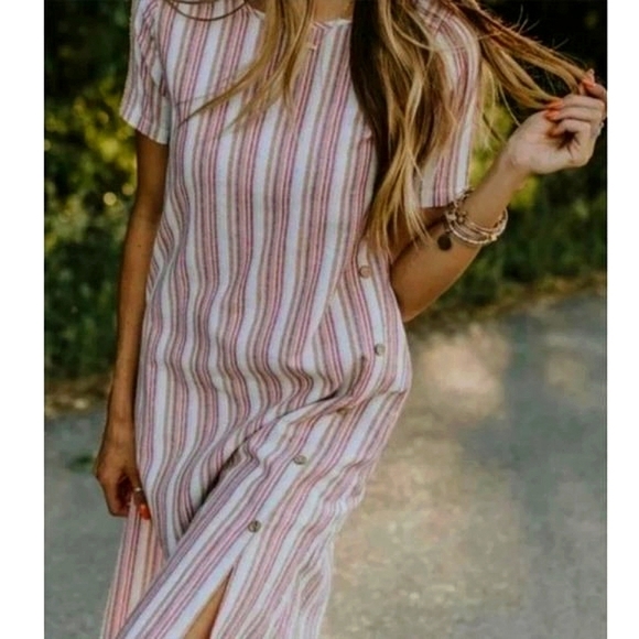 Roolee Striped Cotton Linine Button Side Hipster Woven Midi Dress w/ Pockets - Picture 2 of 16